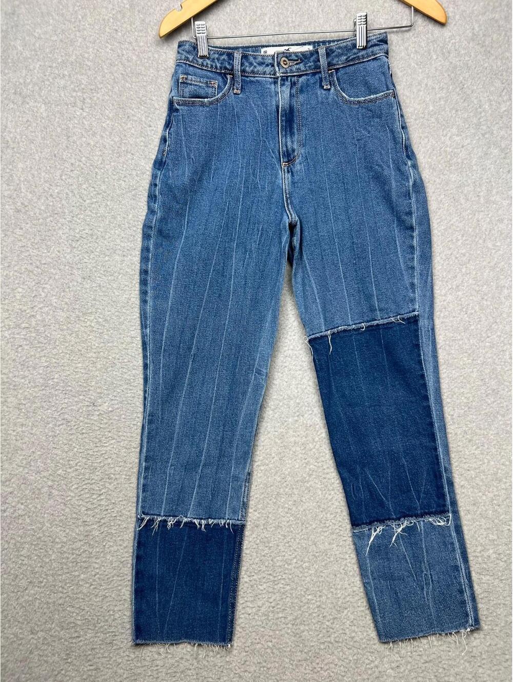 Hollister Curvy Mom high Rise Denim Jeans Womens Size 0 Raw Hem Patches 80s 90s